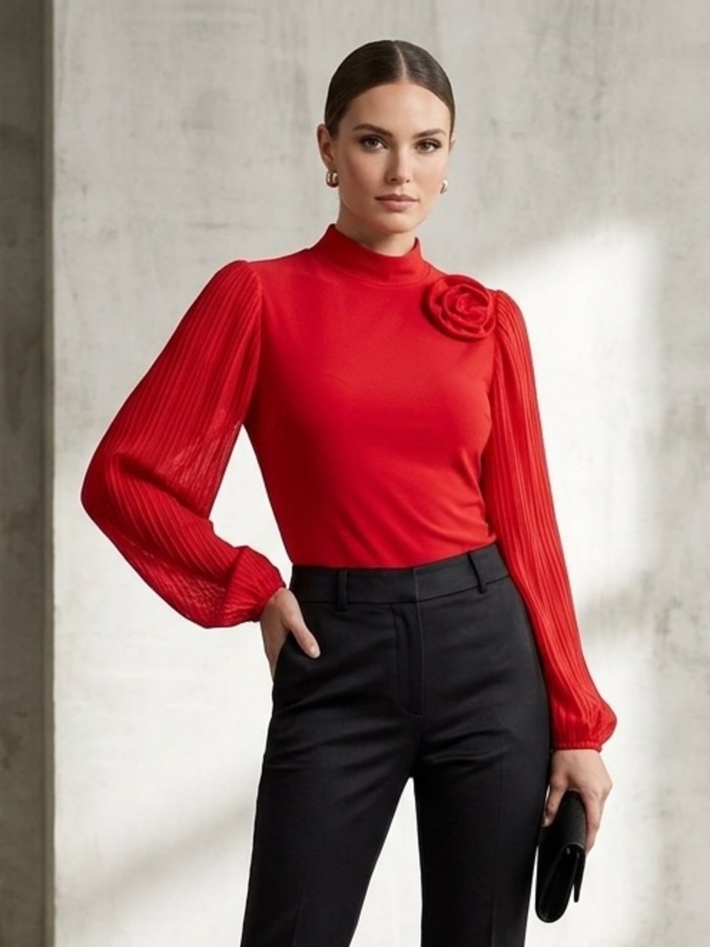Carolyn Taylor Red Blouse with Floral Accent, Pleated Long Sleeves, Size Small